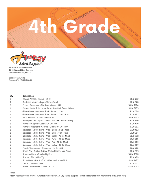 Supply List – Families – Grandview C-4 School District